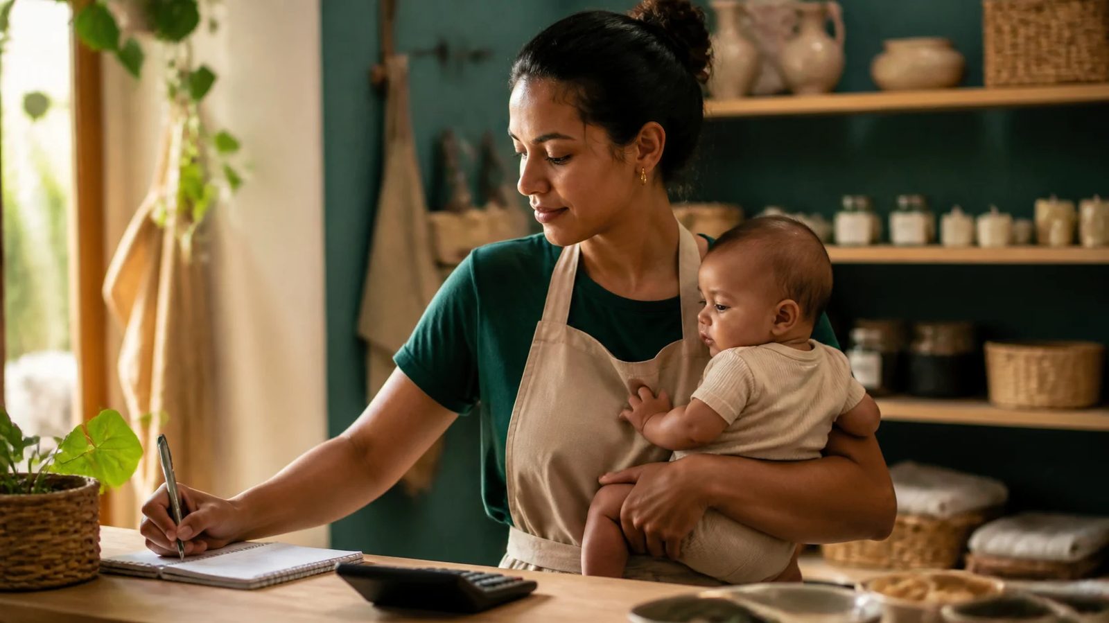 Empreendedora com o bebê no colo fazendo anotações na mesa do seu negócio