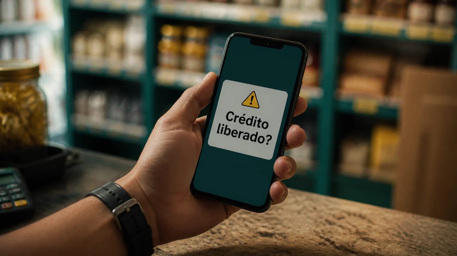 Mão segurando um celular com um alerta de 'Crédito liberado?' na tela, dentro de um pequeno comércio